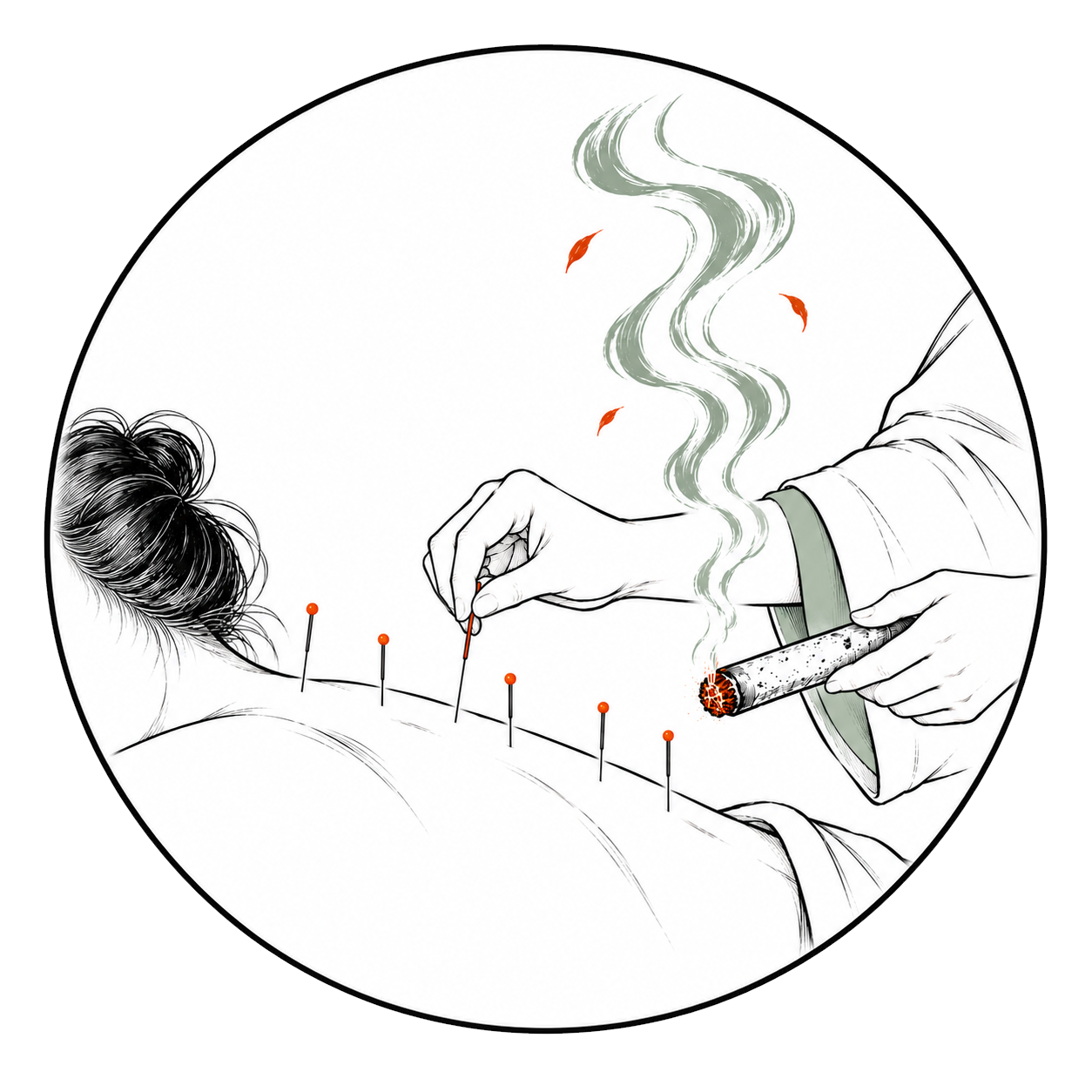 Acupuncture and moxibustion circular illustration at Fāng Wellness